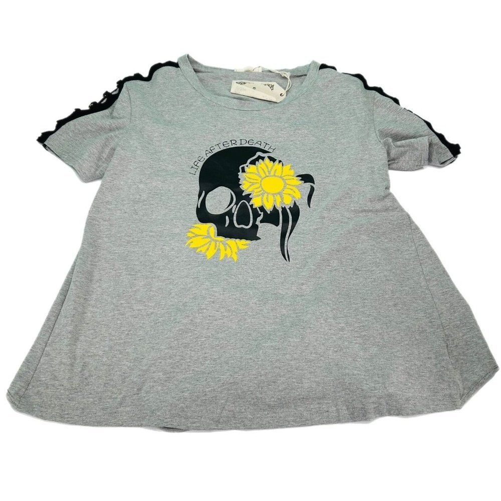 Womens Shirt Size Small Gray Short Sleeve Open Back Tie Skull Sunflower